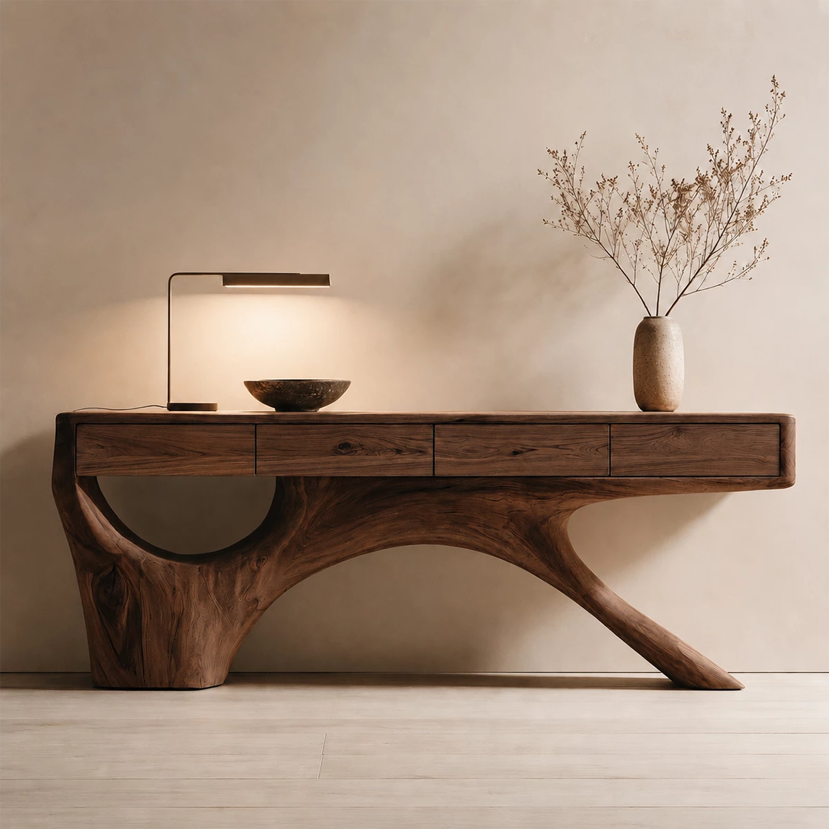 Natural Solid Wood Console Table with Four Drawers Sculptural Branch Style