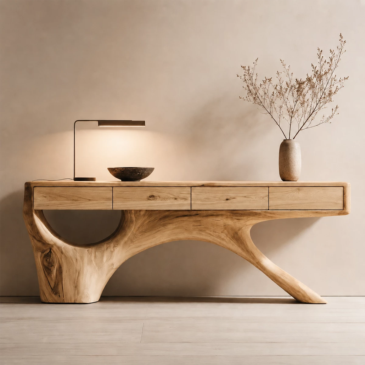 Natural Solid Wood Console Table with Four Drawers Sculptural Branch Style