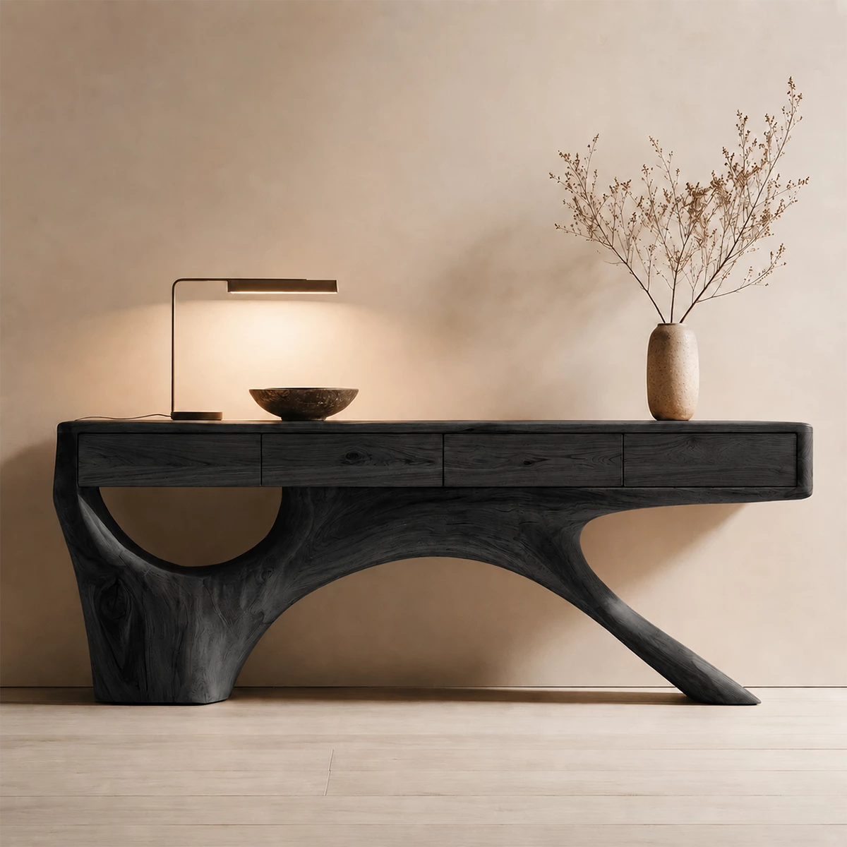 Natural Solid Wood Console Table with Four Drawers Sculptural Branch Style