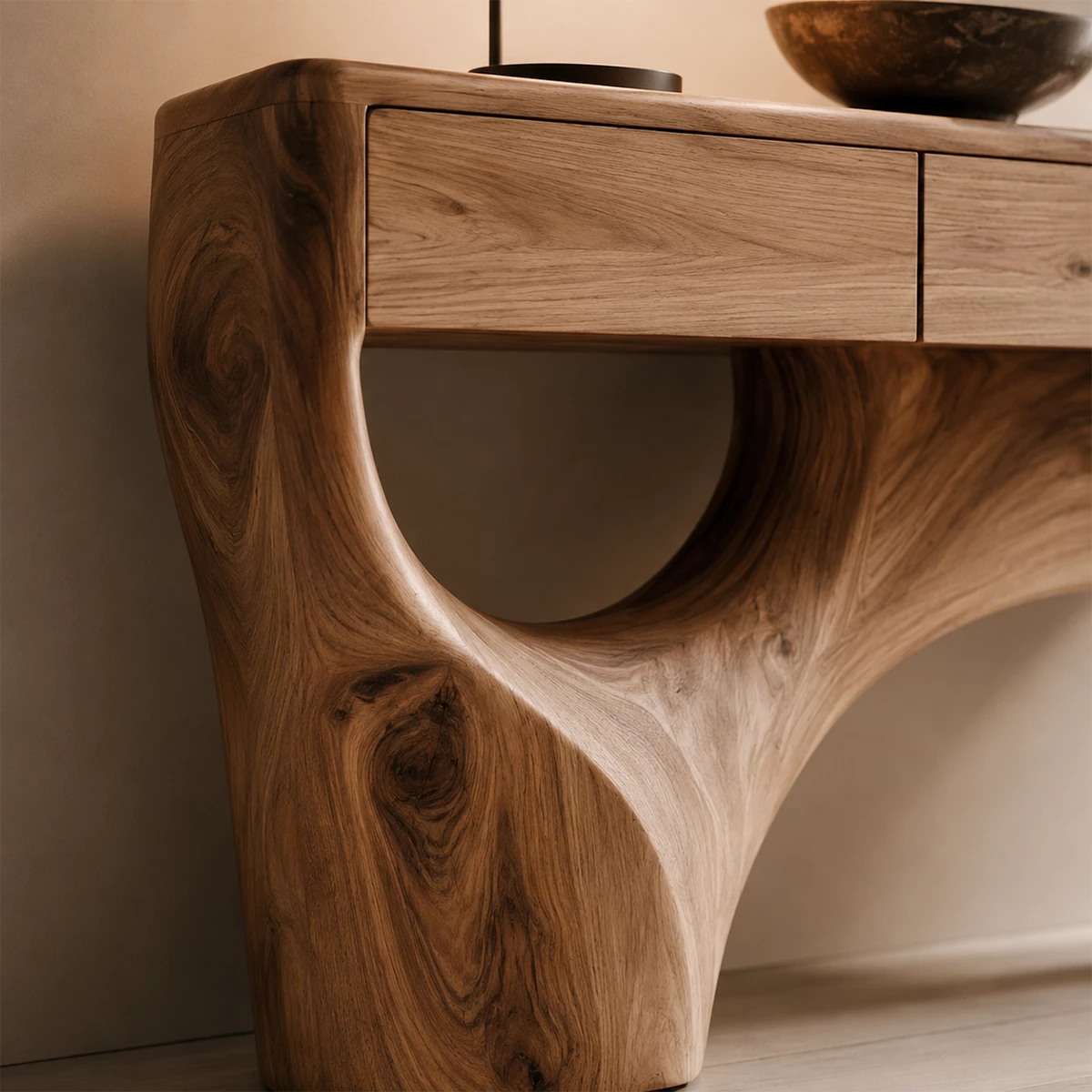 Natural Solid Wood Console Table with Four Drawers Sculptural Branch Style