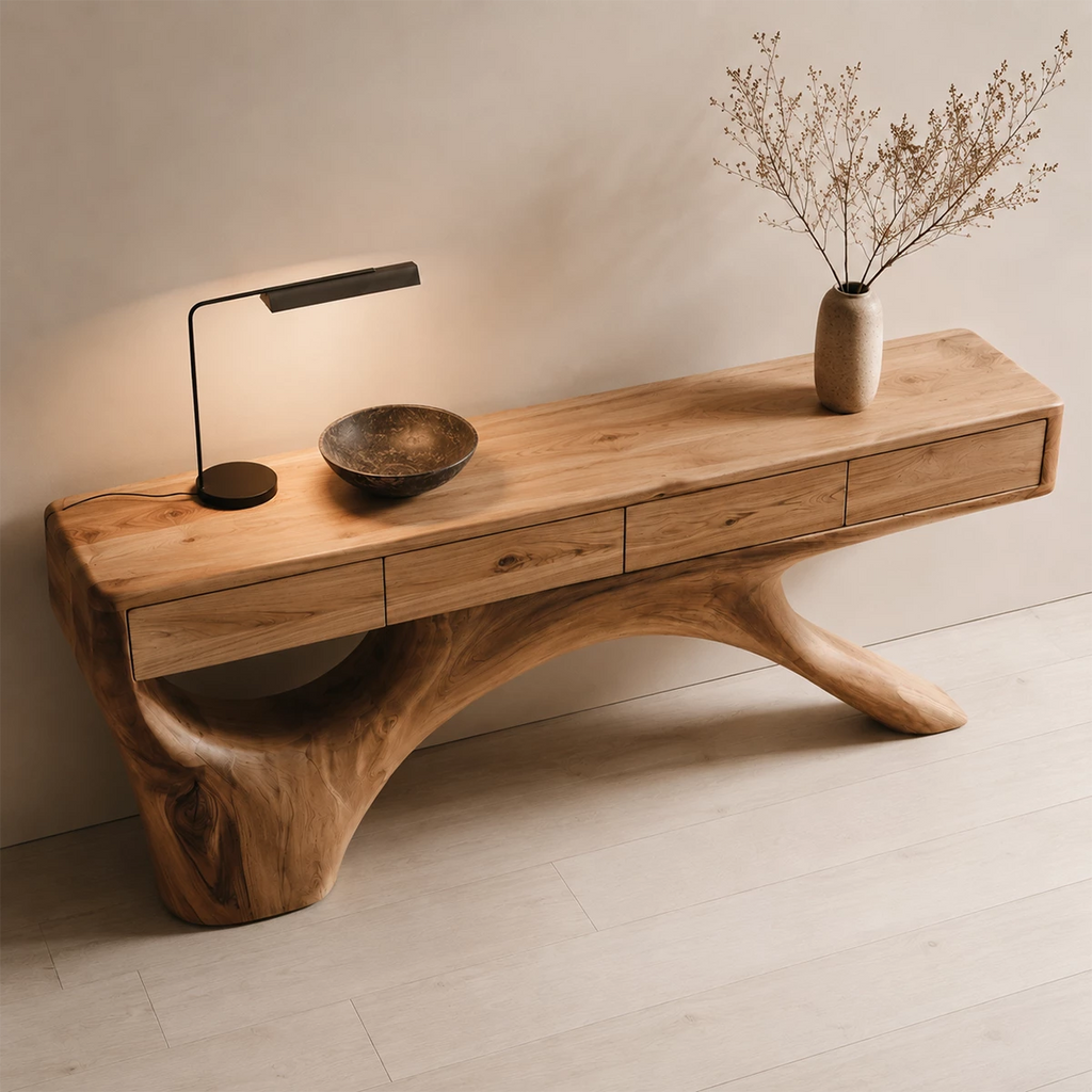 Natural Solid Wood Console Table with Four Drawers Sculptural Branch Style
