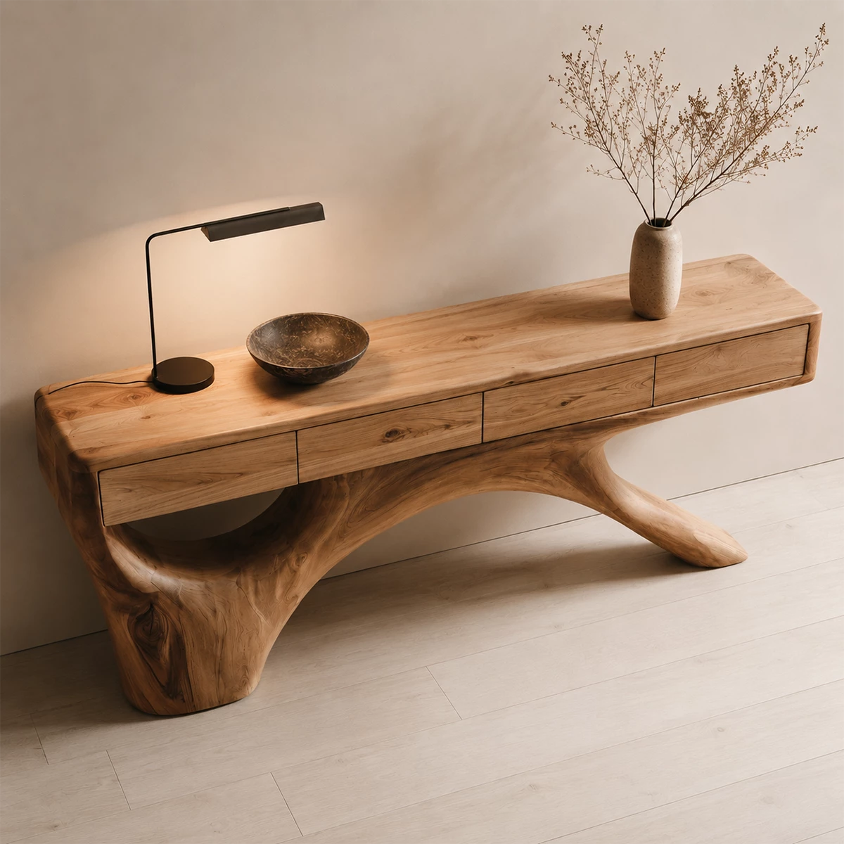 Natural Solid Wood Console Table with Four Drawers Sculptural Branch Style