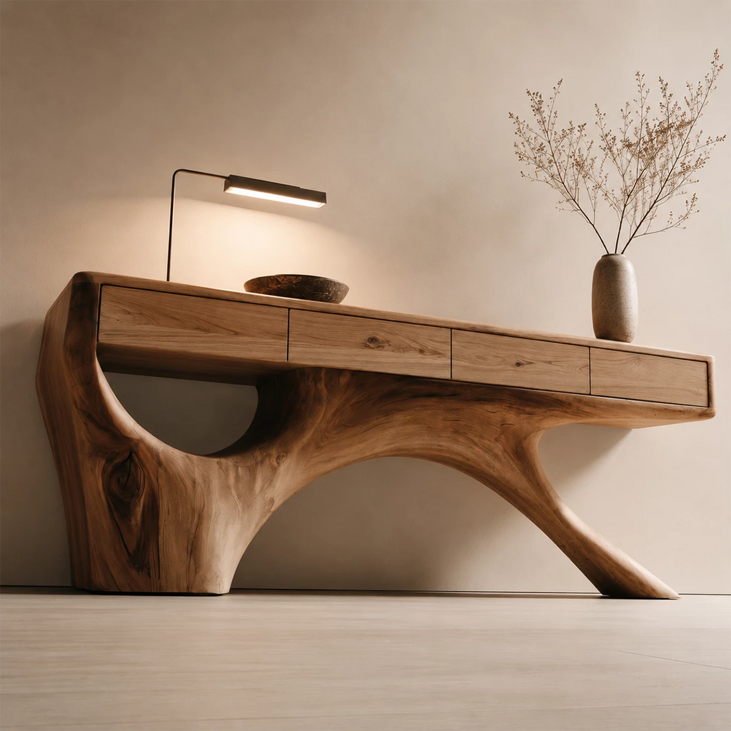 Natural Solid Wood Console Table with Four Drawers Sculptural Branch Style