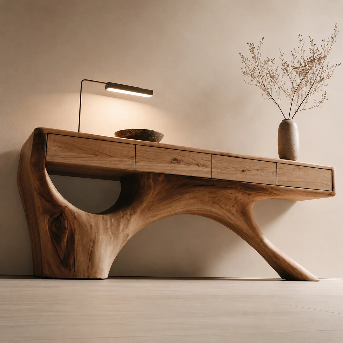 Natural Solid Wood Console Table with Four Drawers Sculptural Branch Style