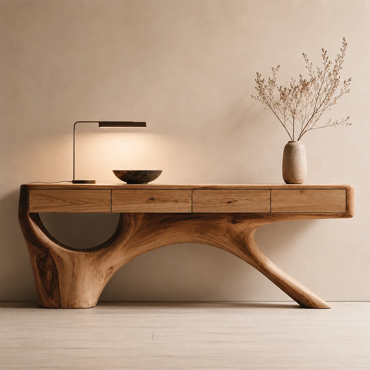 Natural Solid Wood Console Table with Four Drawers Sculptural Branch Style