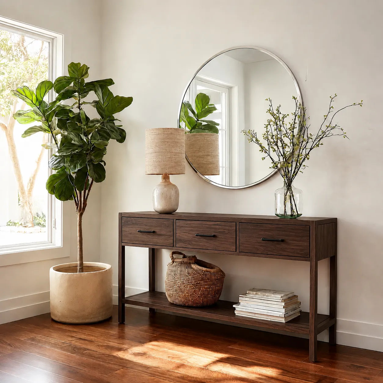 Natural Solid Wood Console Table with 3 Drawers and Open Shelf