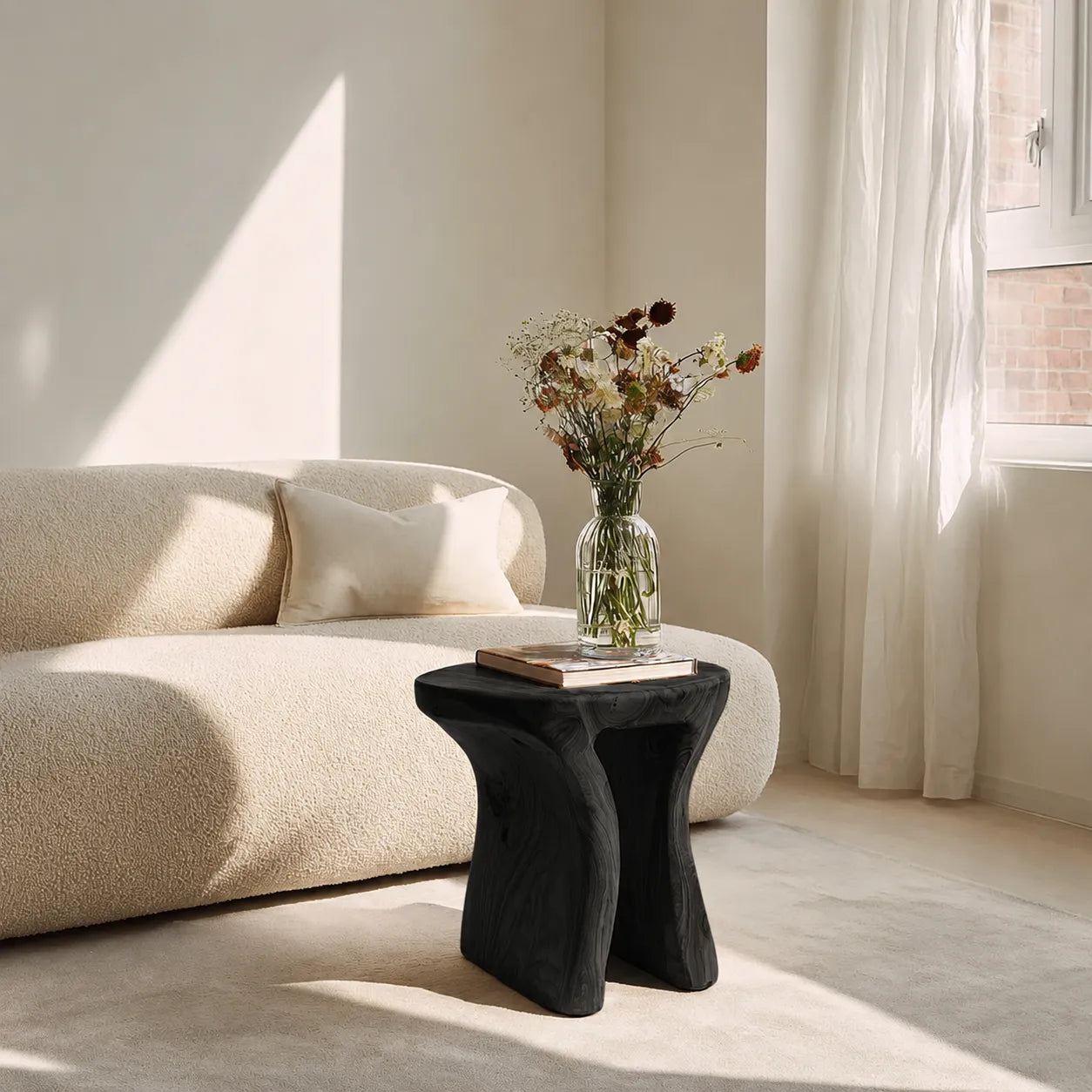 Natural Solid Wood Side Table with Sculptural Open Base
