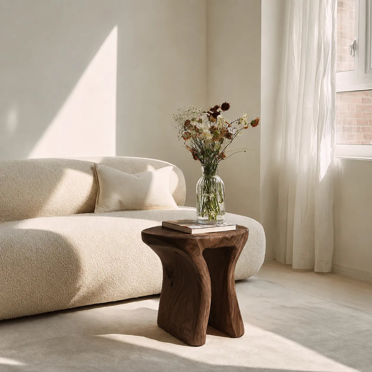 Natural Solid Wood Side Table with Sculptural Open Base