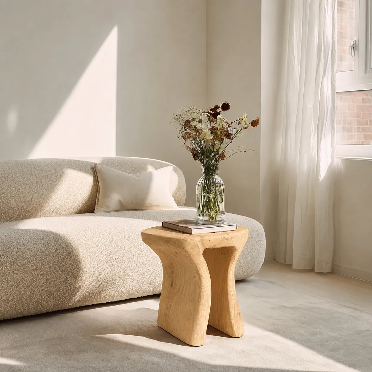 Natural Solid Wood Side Table with Sculptural Open Base
