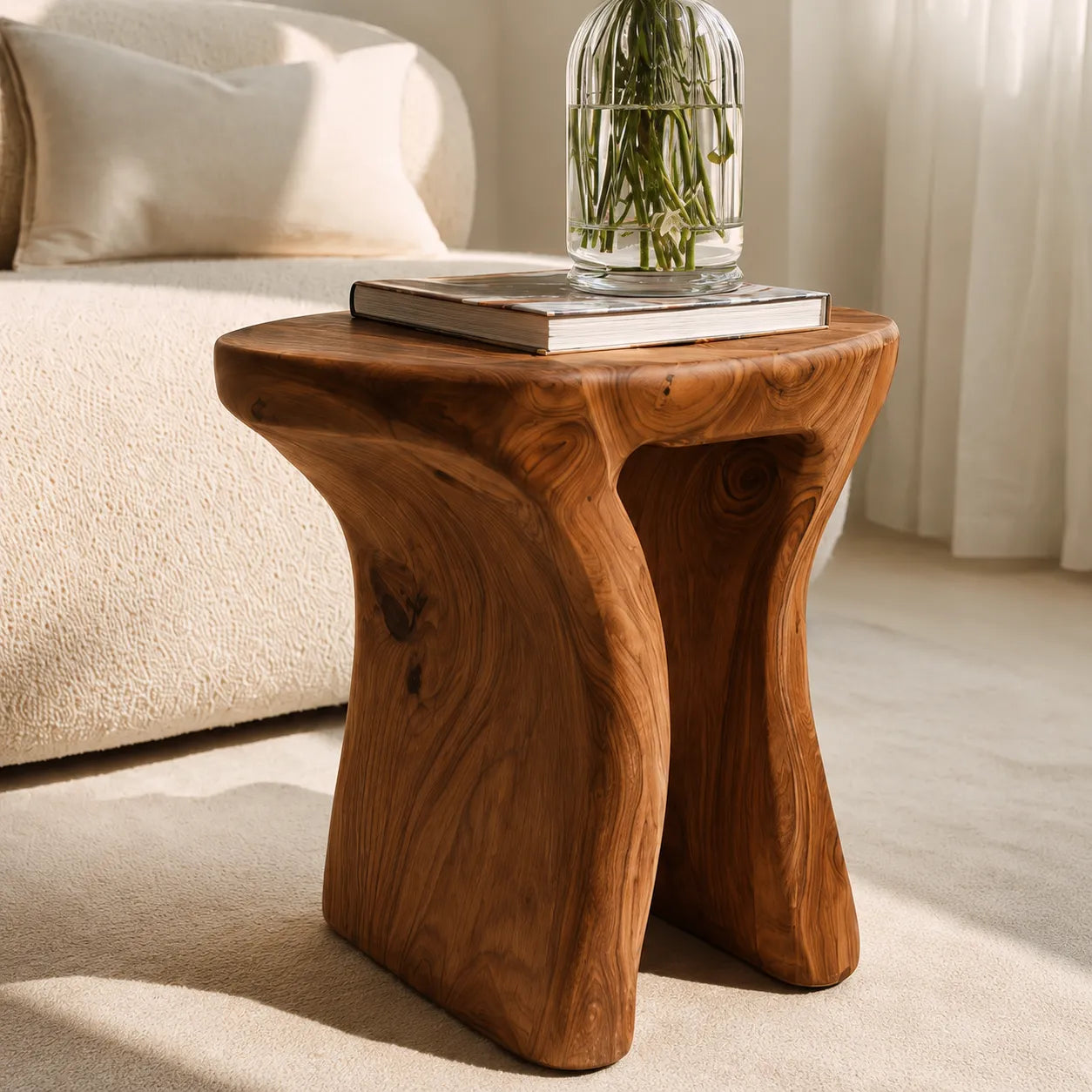 Natural Solid Wood Side Table with Sculptural Open Base