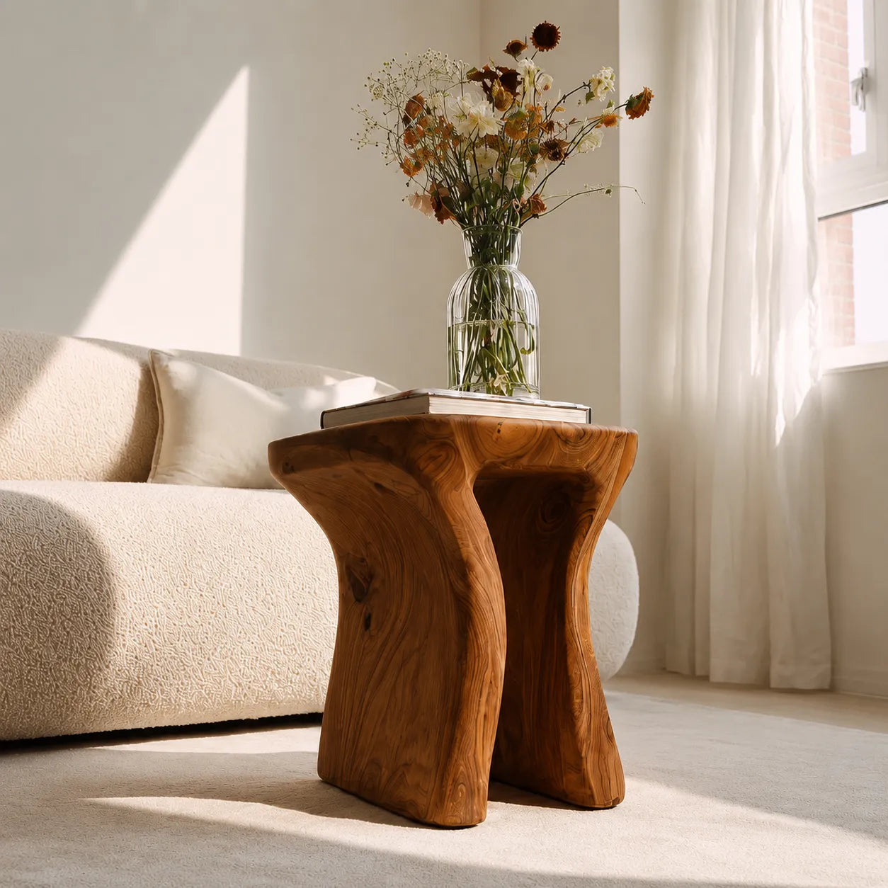 Natural Solid Wood Side Table with Sculptural Open Base