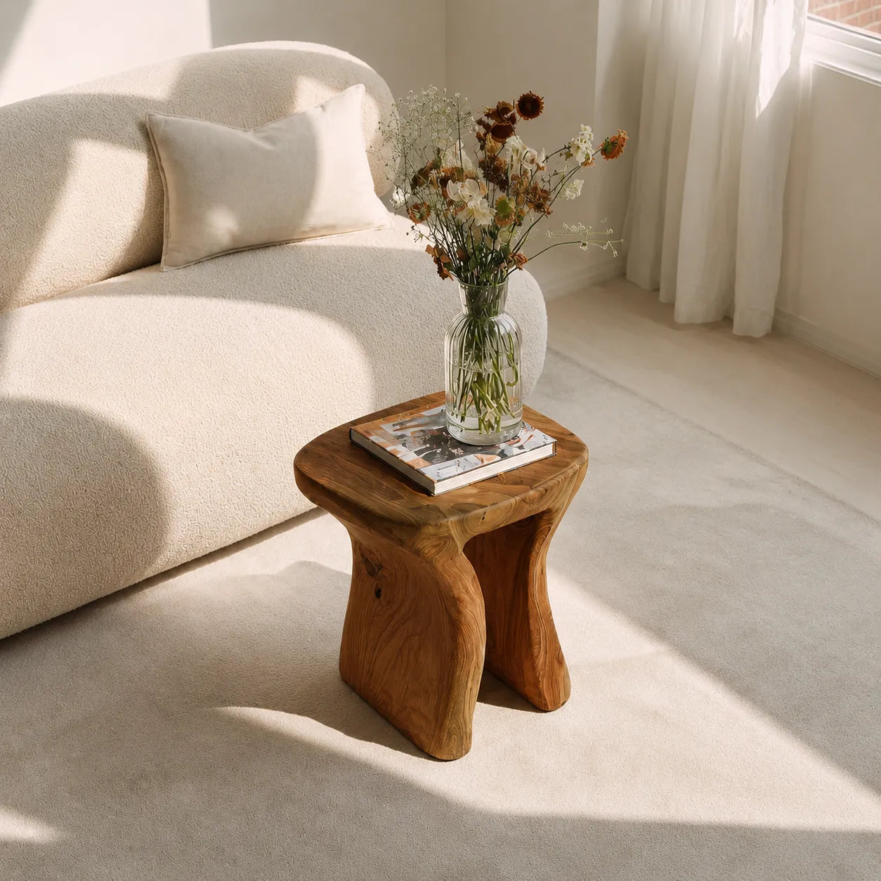 Natural Solid Wood Side Table with Sculptural Open Base