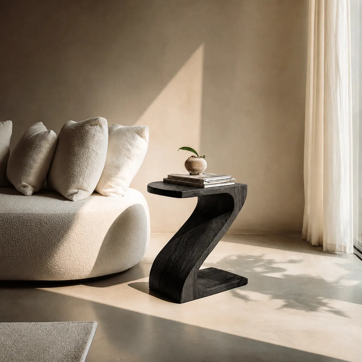 Sculptural Natural Solid Wood Side Table with Curved Z Base