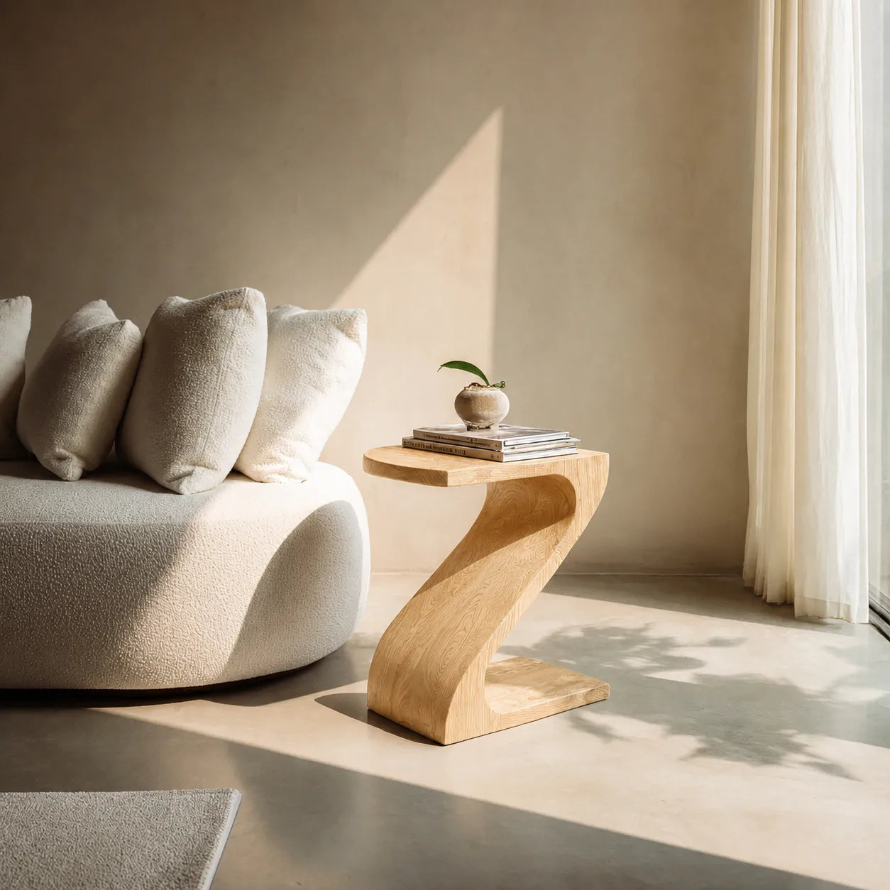 Sculptural Natural Solid Wood Side Table with Curved Z Base