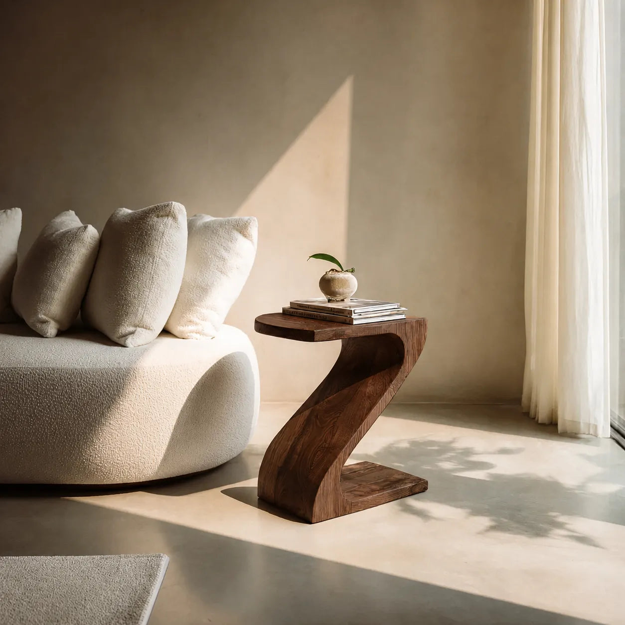 Sculptural Natural Solid Wood Side Table with Curved Z Base