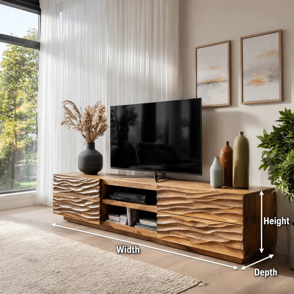 Wave Carved Natural Solid Wood TV Stand with Open Center Storage