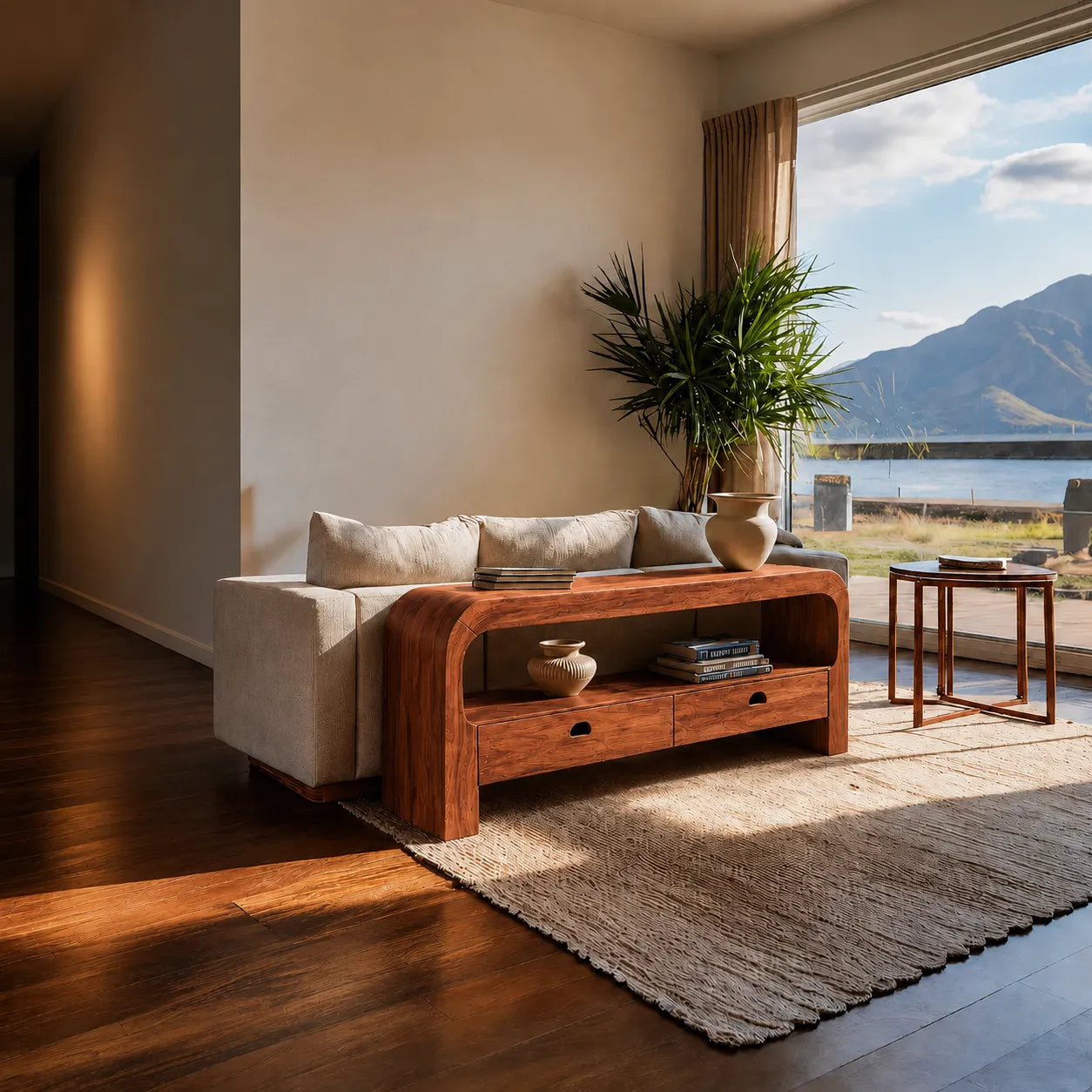 Natural Solid Wood Waterfall Sofa Console Table with Storage Drawers