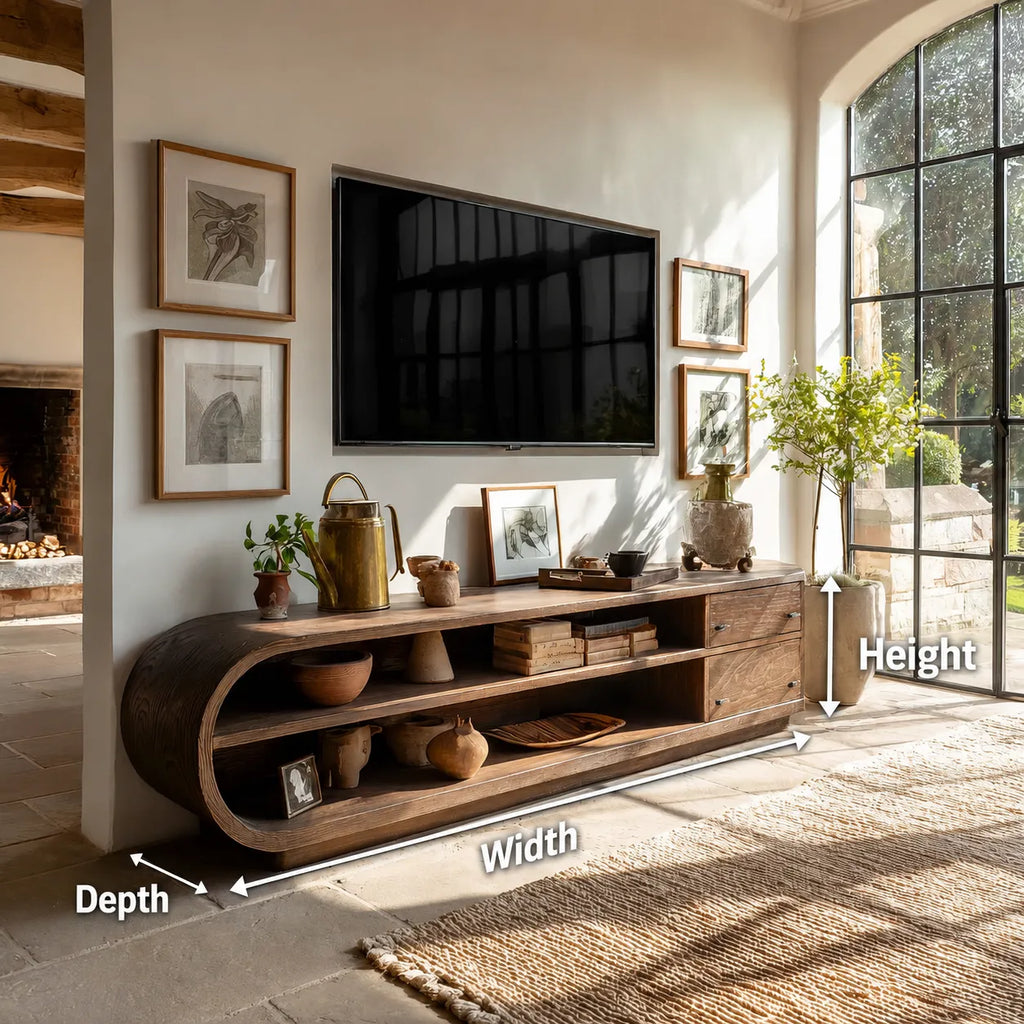 Rounded Natural Solid Wood TV Stand with Open Shelves and Side Drawers