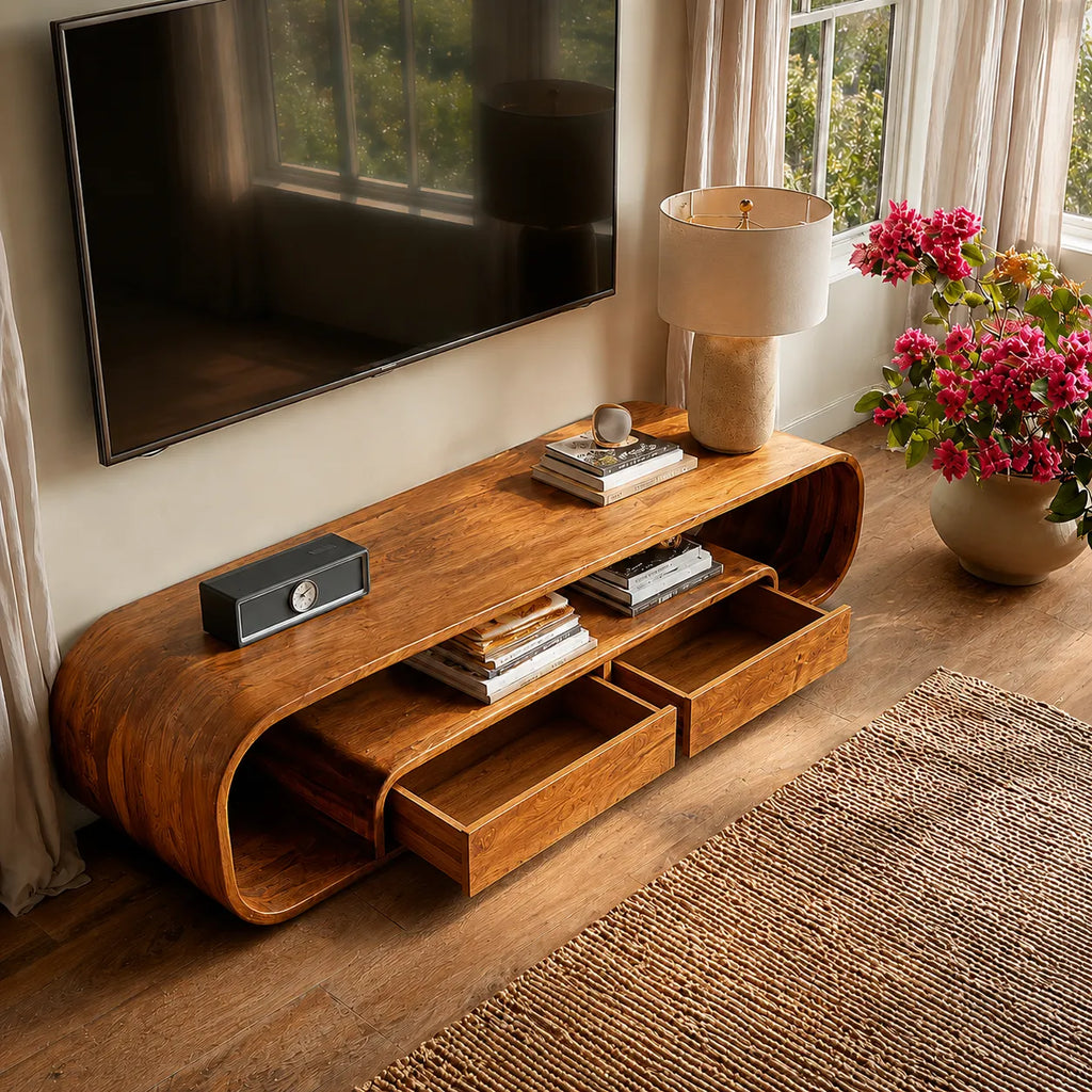 Rounded Natural Solid Wood TV Stand with Open Shelves and Drawers