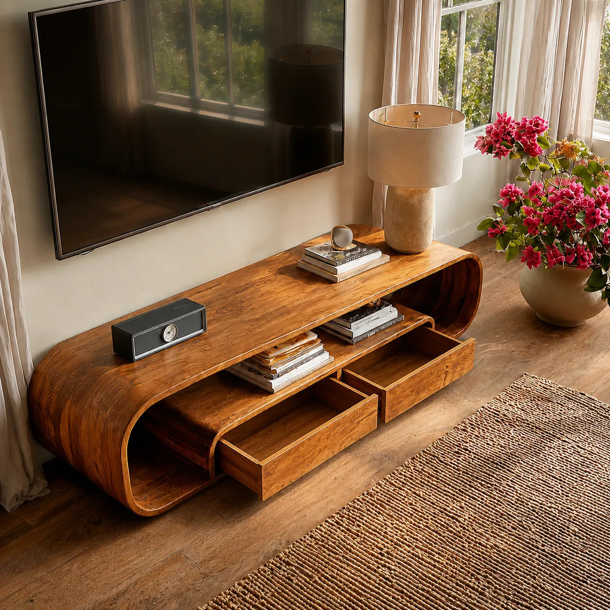 Rounded Natural Solid Wood TV Stand with Open Shelves and Drawers