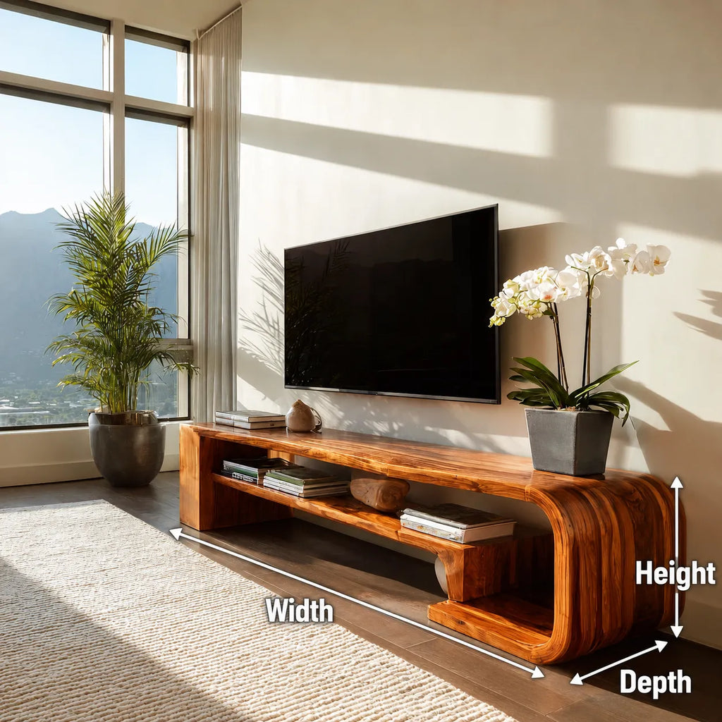 Waterfall Natural Solid Wood TV Stand with Open Display Shelves