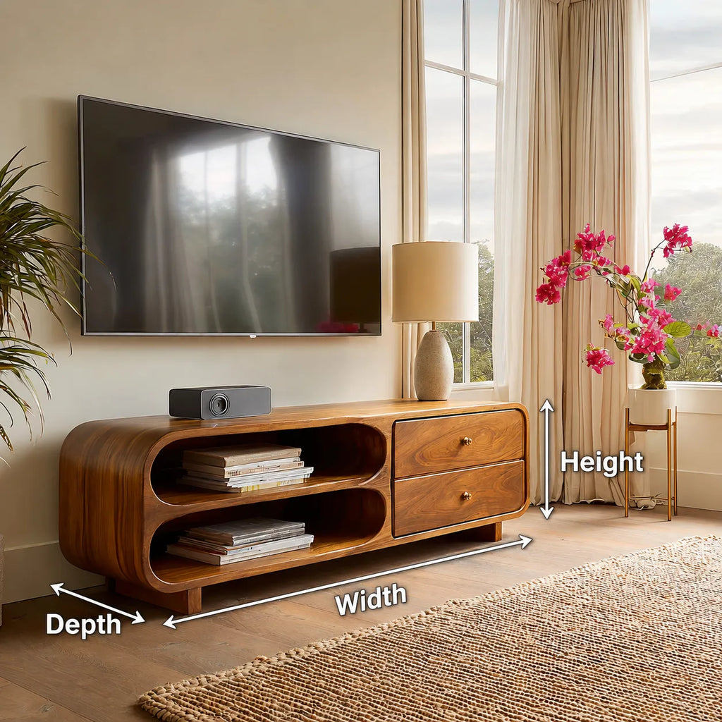 Rounded Natural Solid Wood TV Stand with Open Shelves and Drawers