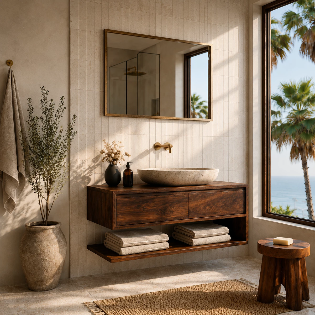 Floating Solid Wood Bathroom Vanity With Vessel Sink & Open Towel Shelf