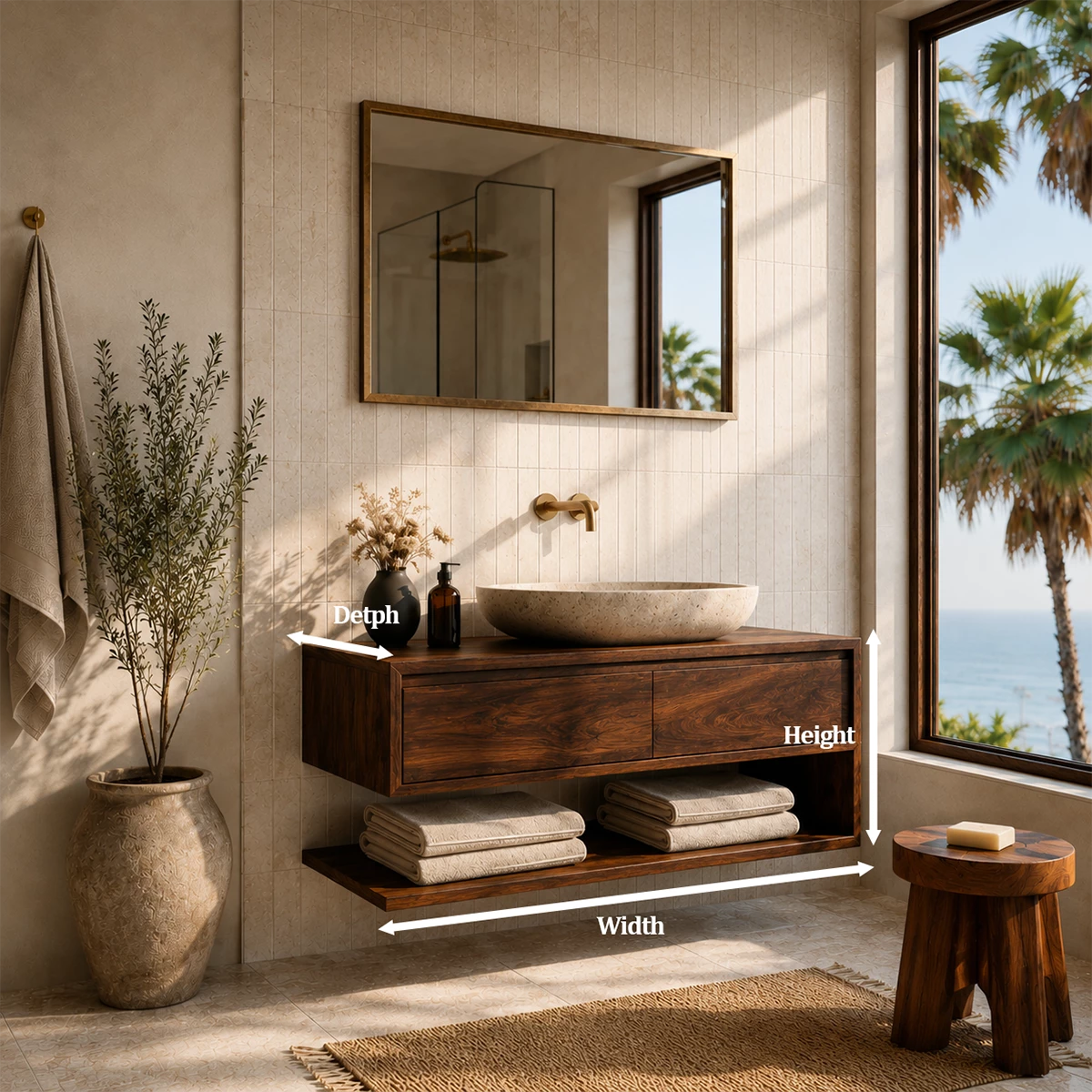 Floating Solid Wood Bathroom Vanity With Vessel Sink & Open Towel Shelf