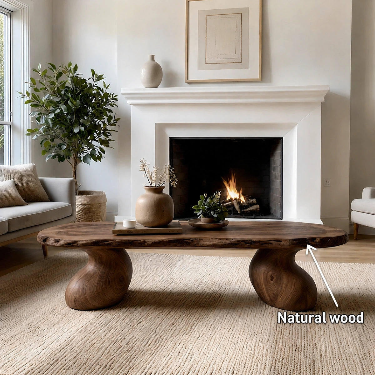 Natural Solid Wood Live Edge Coffee Table with Sculptural Curved Pedestal Legs