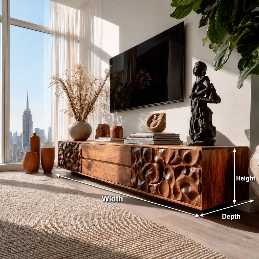 Carved Natural Solid Wood TV Stand with Sculptural Drawer Fronts