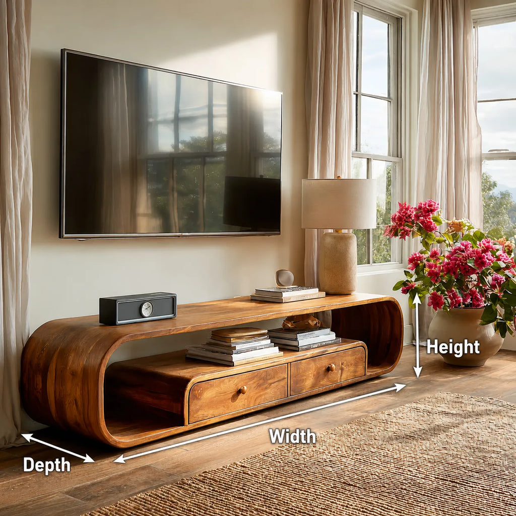 Rounded Natural Solid Wood TV Stand with Open Shelves and Drawers