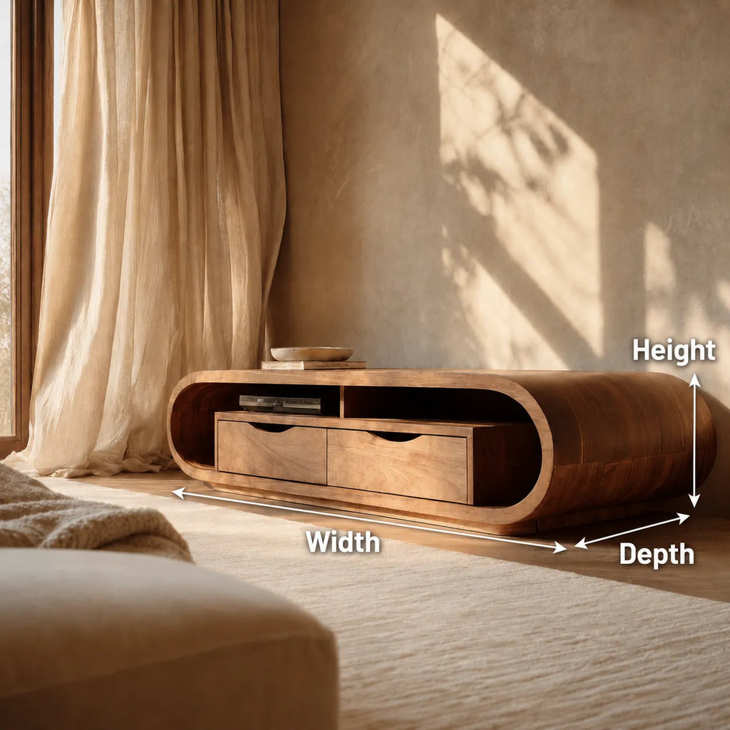 Curved Natural Solid Wood TV Stand with Open Shelf and Drawer Storage
