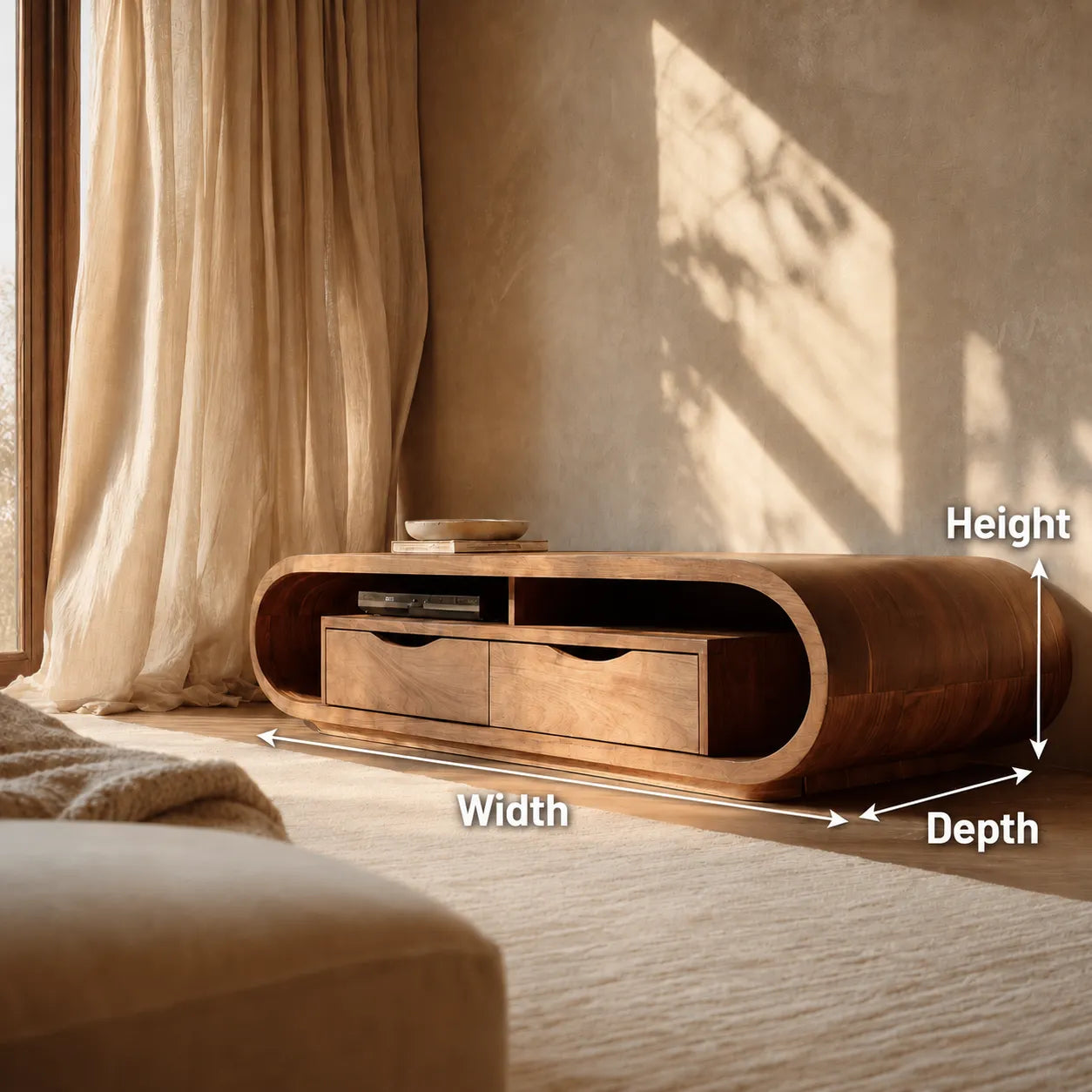 Curved Natural Solid Wood TV Stand with Open Shelf and Drawer Storage