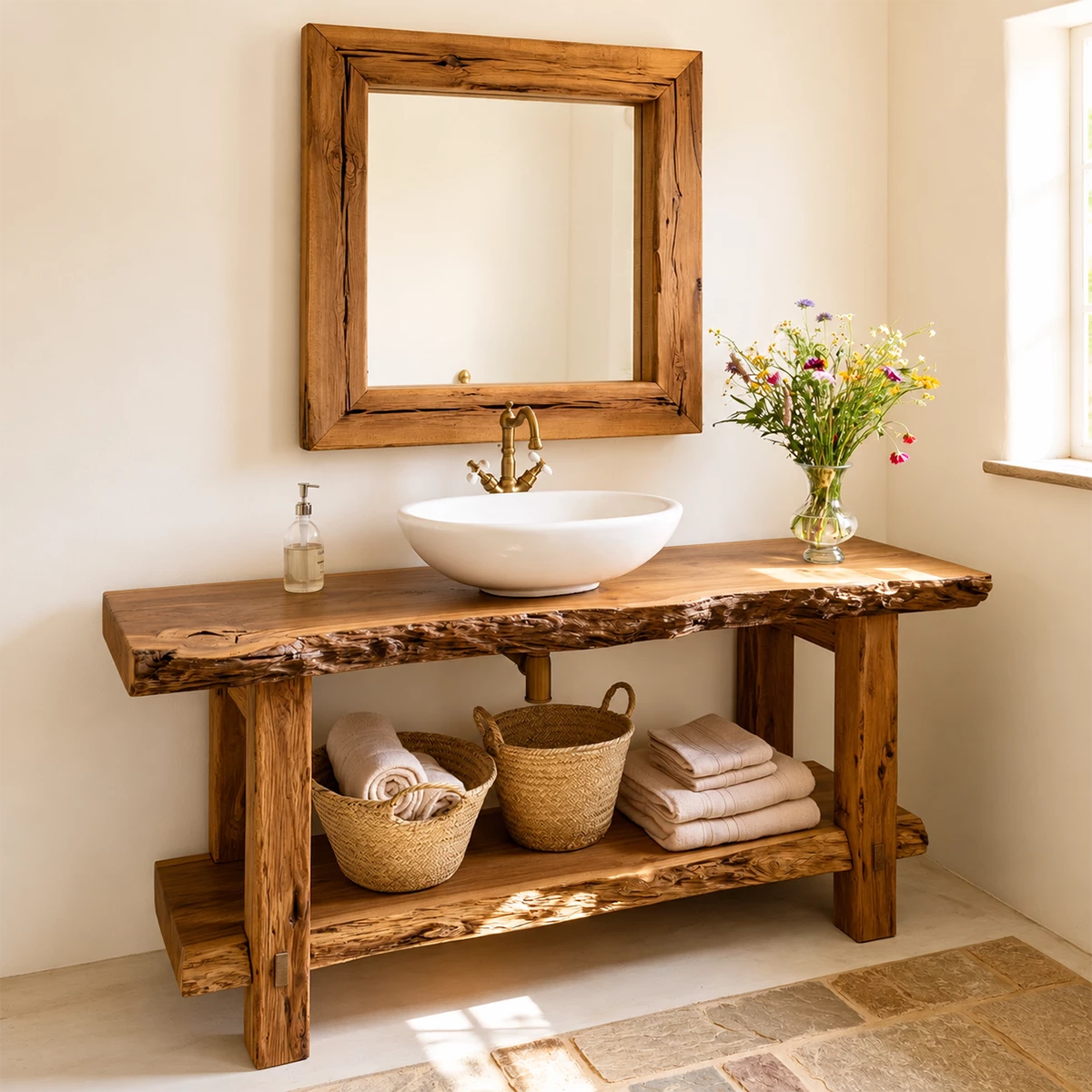 Rustic Live Edge Bathroom Vanity With Vessel Sink & Open Storage Shelf