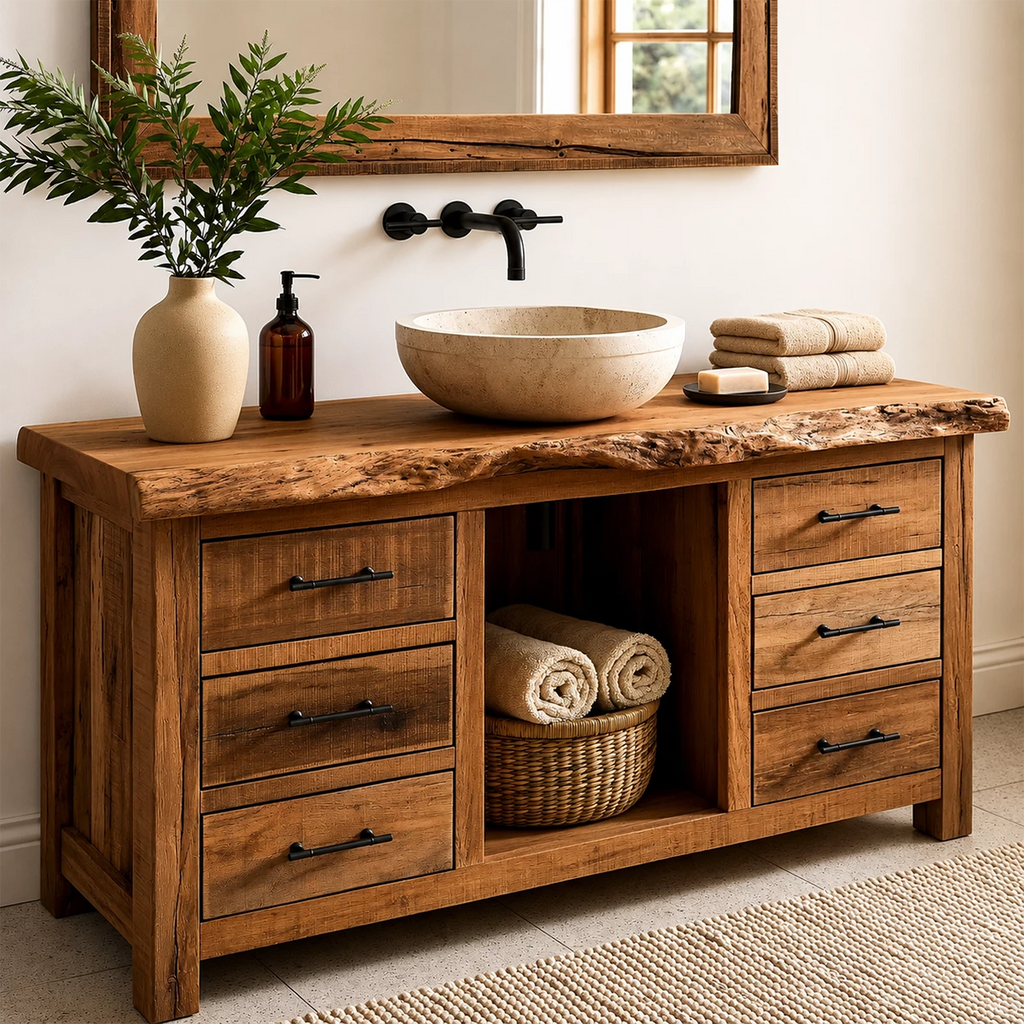 Rustic Solid Wood Bathroom Vanity With Live Edge Top & 6 Drawers