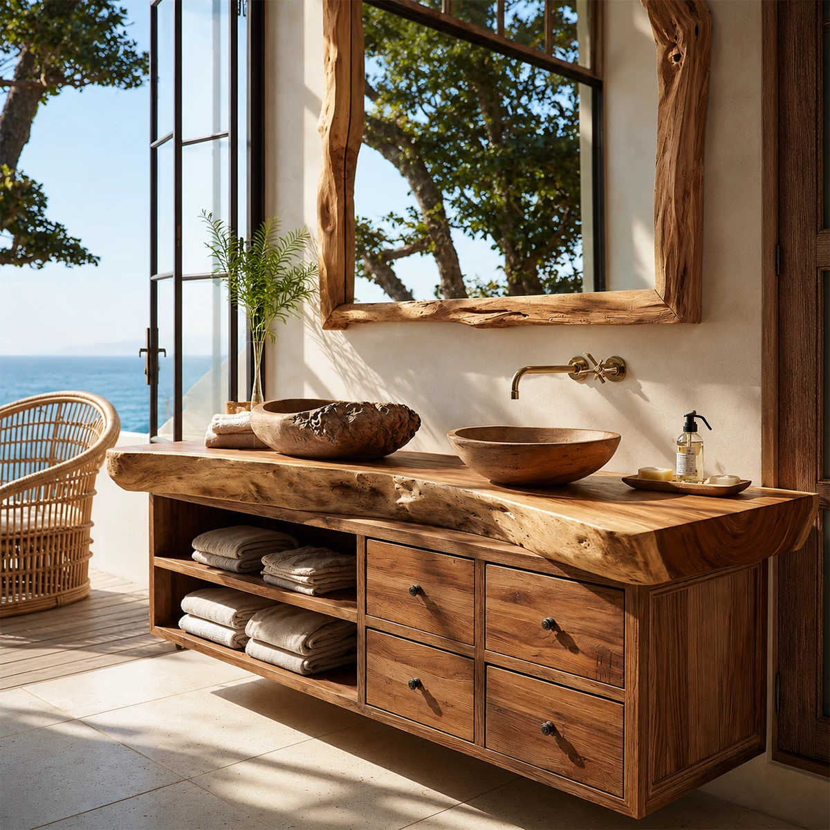 Live Edge Double Sink Bathroom Vanity With Solid Wood Storage & Mirror