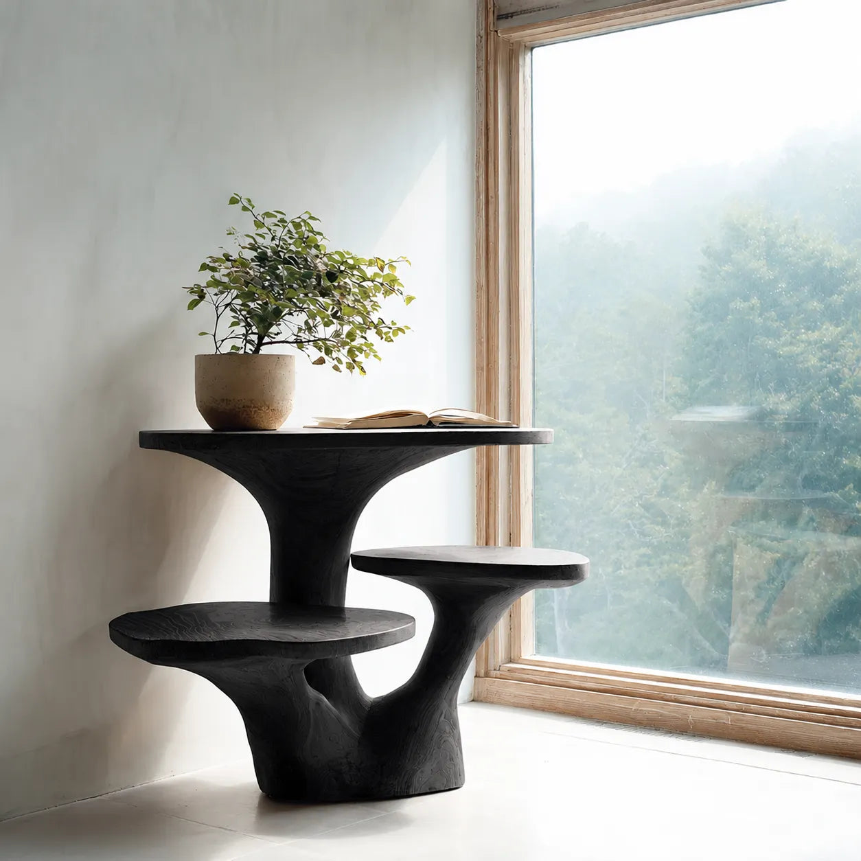 Tiered Natural Solid Wood Side Table with Sculptural Organic Base