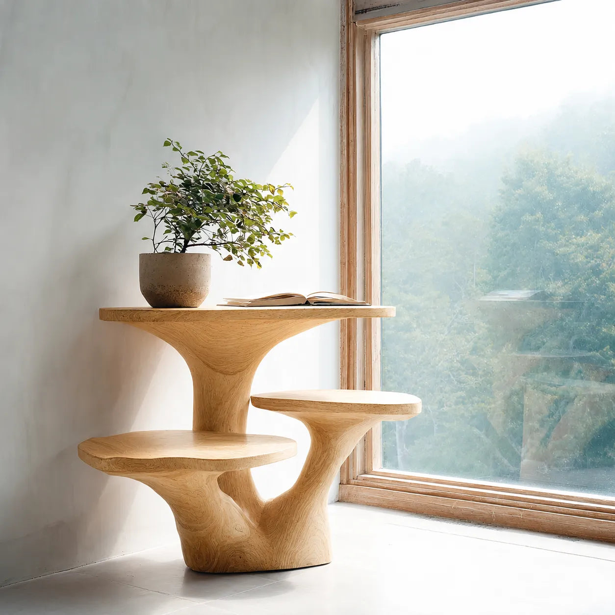Tiered Natural Solid Wood Side Table with Sculptural Organic Base
