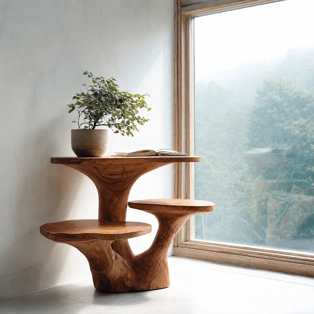 Tiered Natural Solid Wood Side Table with Sculptural Organic Base