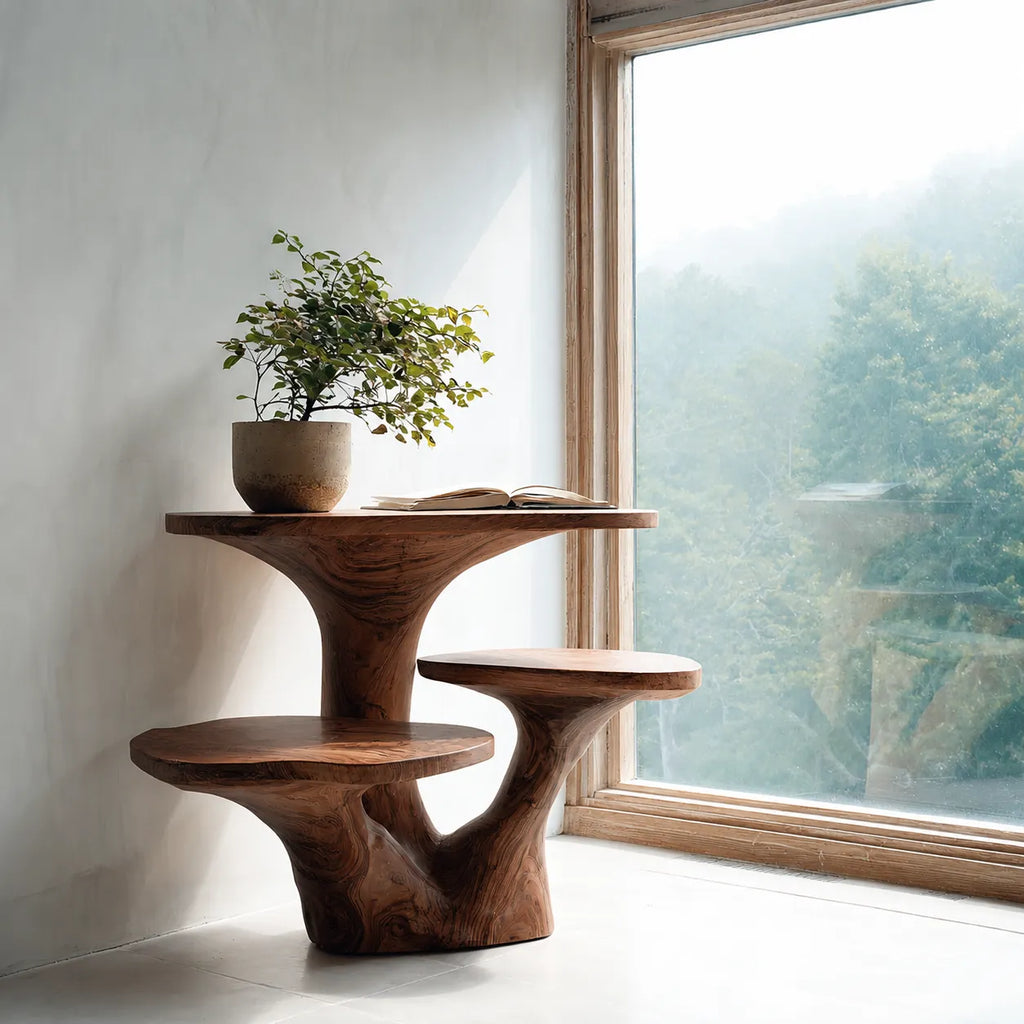 Tiered Natural Solid Wood Side Table with Sculptural Organic Base
