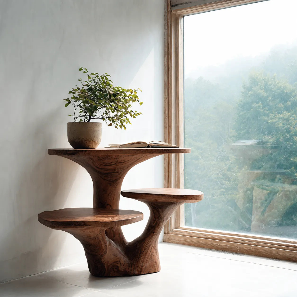 Tiered Natural Solid Wood Side Table with Sculptural Organic Base