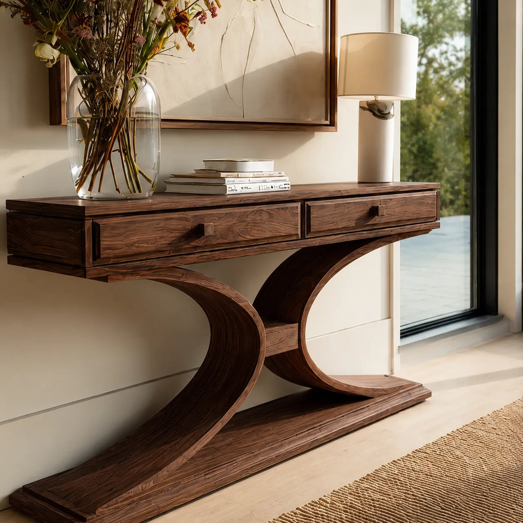 Natural Solid Wood Console Table with 2 Drawers and Sculptural Base