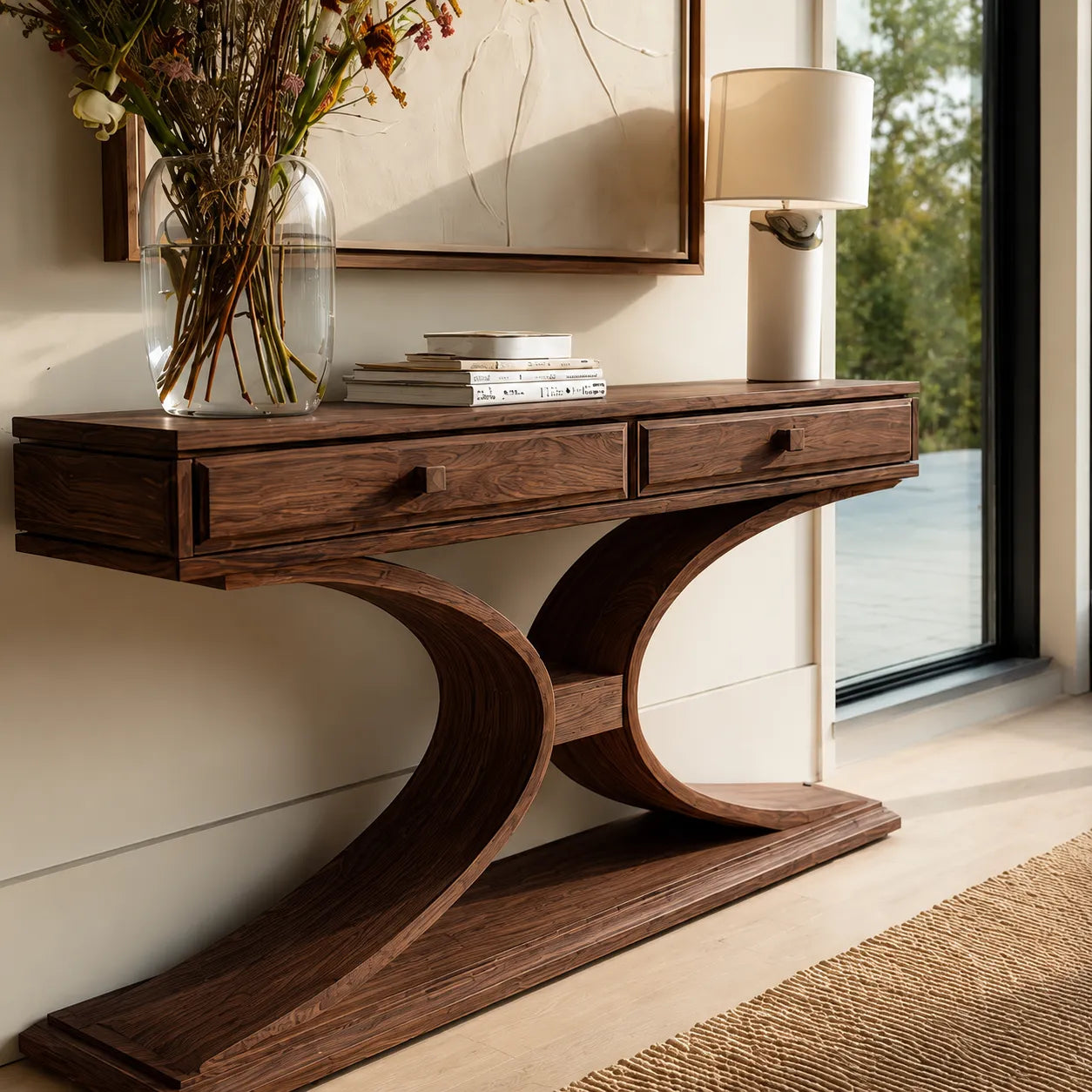 Natural Solid Wood Console Table with 2 Drawers and Sculptural Base