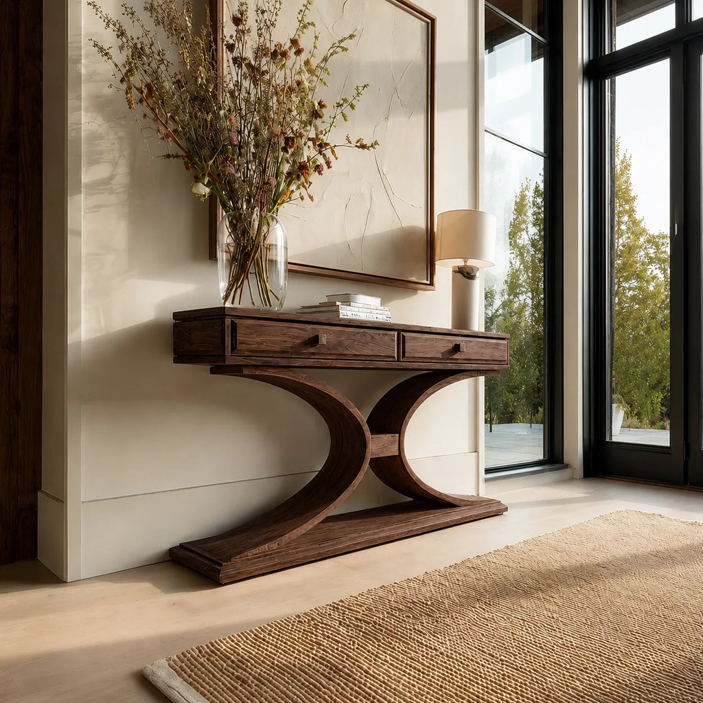 Natural Solid Wood Console Table with 2 Drawers and Sculptural Base