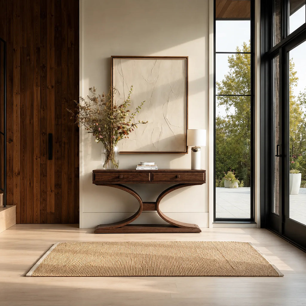 Natural Solid Wood Console Table with 2 Drawers and Sculptural Base
