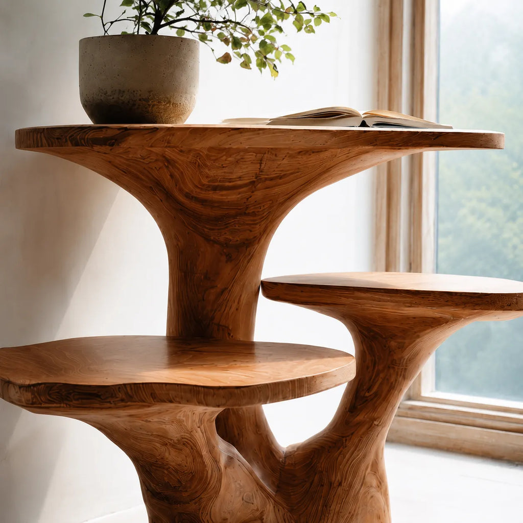 Tiered Natural Solid Wood Side Table with Sculptural Organic Base