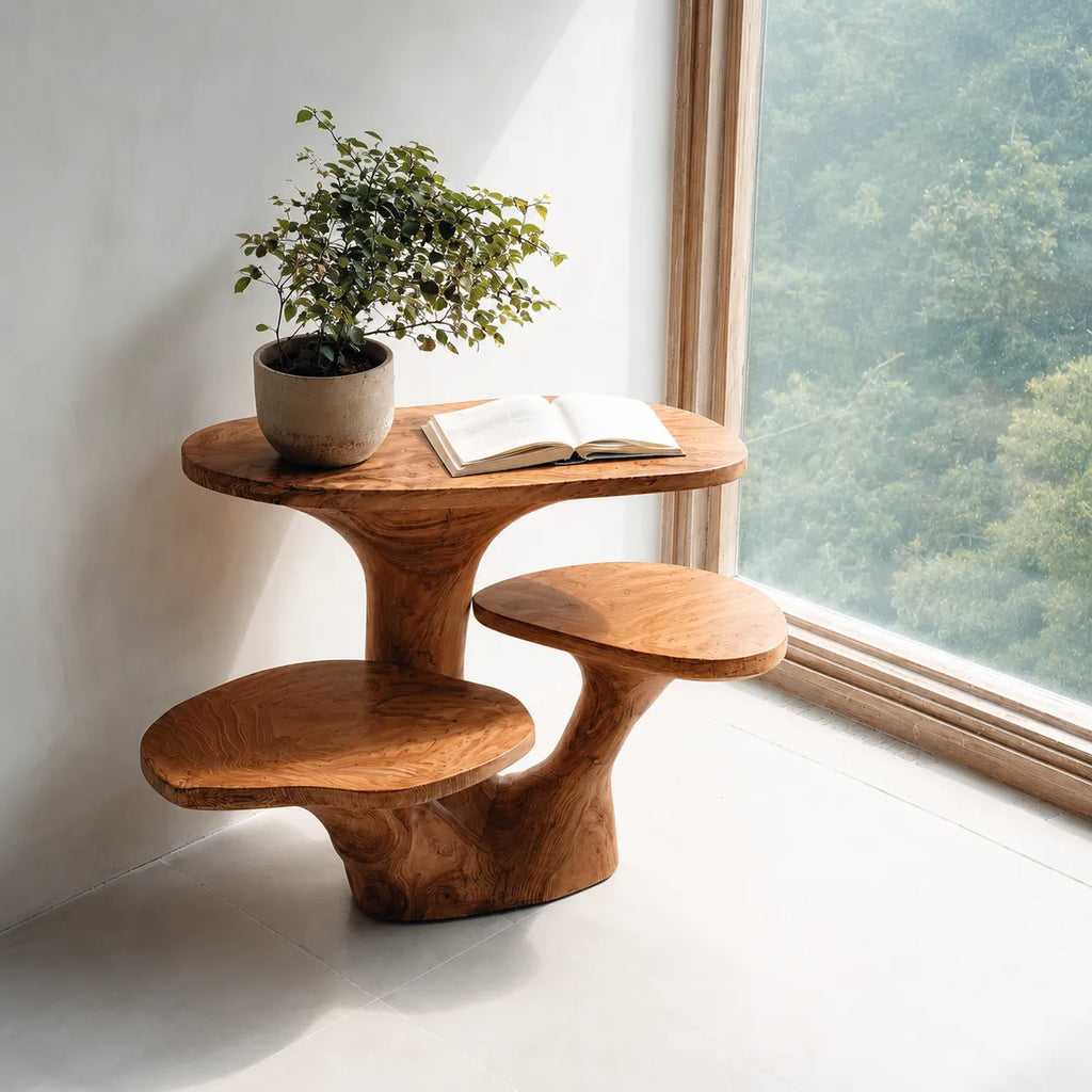 Tiered Natural Solid Wood Side Table with Sculptural Organic Base