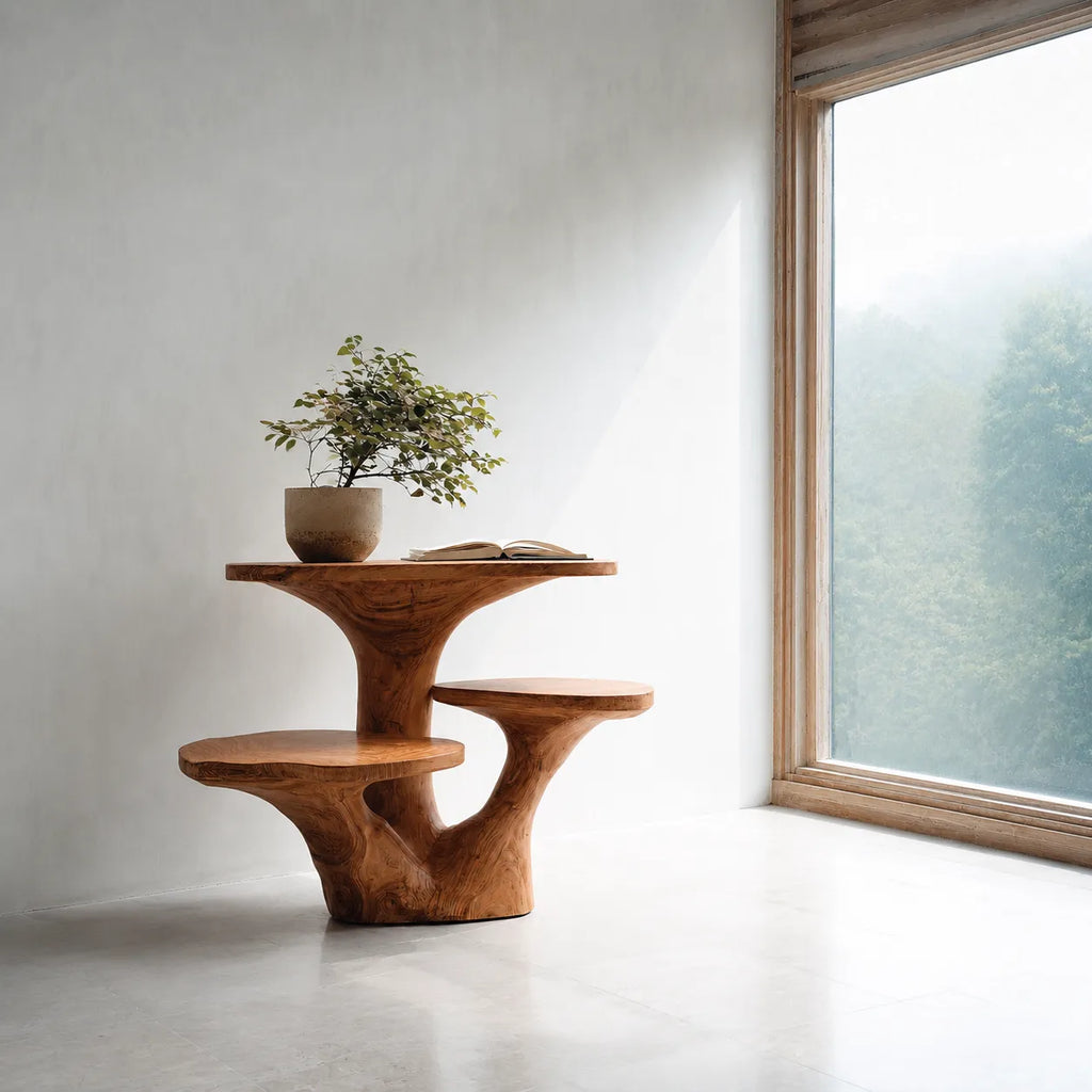 Tiered Natural Solid Wood Side Table with Sculptural Organic Base