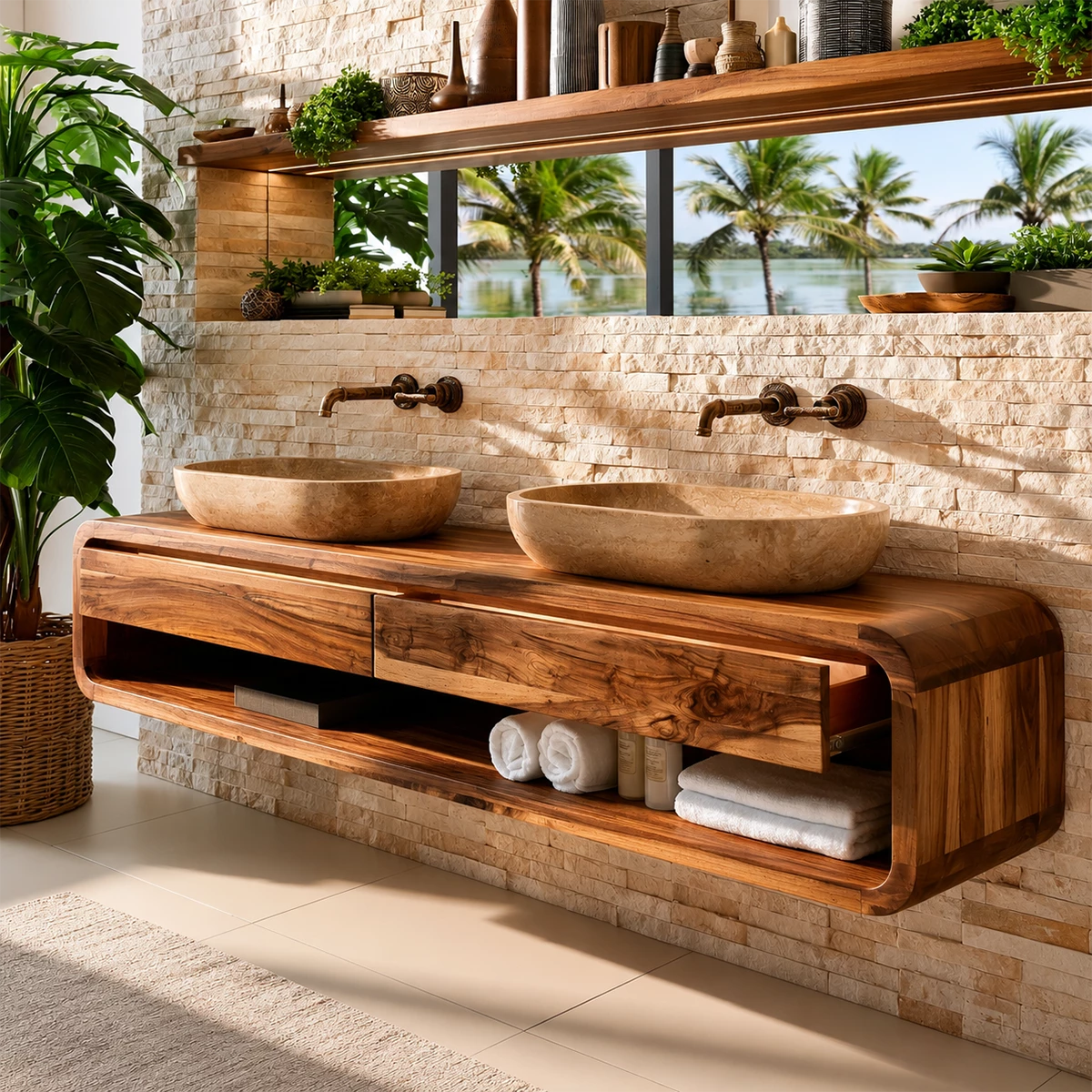 Double Sink Floating Bathroom Vanity With Rounded Wood Frame & Open Storage