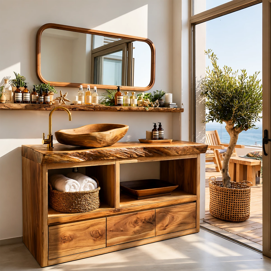 Natural Wood Bathroom Vanity With Live Edge Countertop & Open Storage
